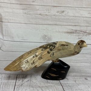 Vintage Hand Carved Horn Sculpture Peacock Bird On Wood Base 8 1/2" long